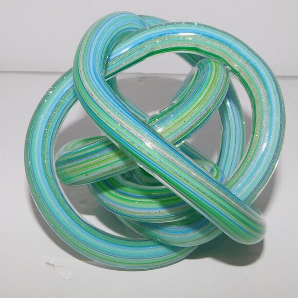 Endless Knot Blown Glass Paperweight Home Desk Decor Green Blue Aqua Gold - Picture 6 of 7
